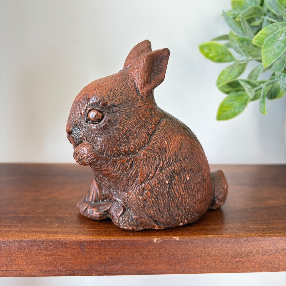 Vintage Brown Chalkware Bunny Rabbit Figurine Seated Woodland Decor 4.5 Inch